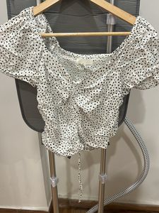 White Polka Dot Sweet Heart Neck Line With Sleeves