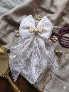Elegant White Lace Bow Hair Clip with Rhinestones