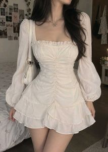 Cream Ruched Puff Sleeve Mini Dress