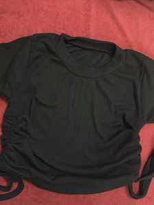 Black Ribbed Ruched Crop Top