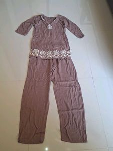 Brown Embroidered Kurta & Pants Set