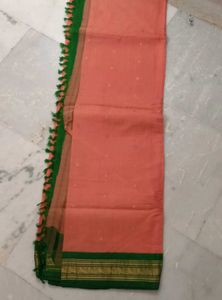 Peach Saree with Green Border &amp; Tassels