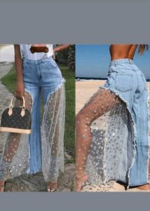 Wide-Leg Jeans with Sheer Overlay