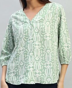 NEGOTIABLE (Green Printed V-Neck Kurti style Top)