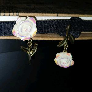 Iridescent White Rose Asymmetric Drop Earrings
