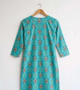 Turquoise Blue Geometric Ikat Print Straight Kurti