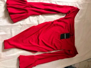 Red Off-Shoulder Ruffle Sleeve Bodysuit