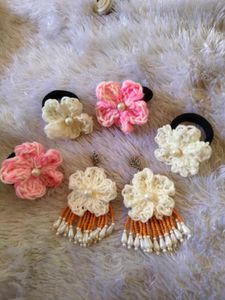 Handmade Crochet Flower Hair Ties &amp; Earrings
