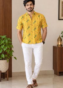 Yellow Kurta with Peacock Feather Print xxl