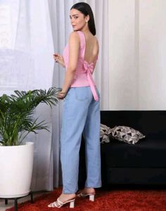 Shein Cute Pink Gingham Sleeveless back bowTop