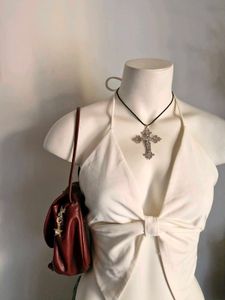White Halter Neck Bow Front Top