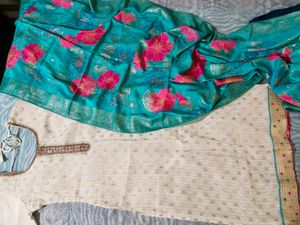 Elegant Cream Kurta Set with Teal Dupatta