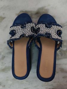 Embellished Denim Slides