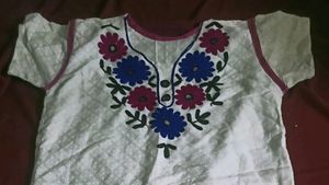 Pure Cotton White Kurti With Flowers Thread Work
