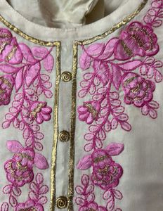 Embroidered Cream Kurta with Pink Accents