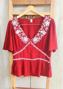 Red Embroidered Peplum Top Size-34