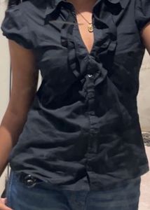Black Short Sleeve Button-Up Top