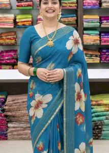 Blue Floral Print Saree