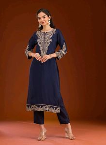 Embroidered Navy Blue Kurta
