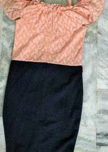 Cute Peach Off-Shoulder Top &amp; Black Skirt Set