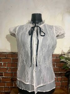 Sheer Lace Blouse with Ribbon Tie