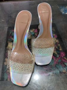 Transparent Chunky Silver Shining Sparkling Heels