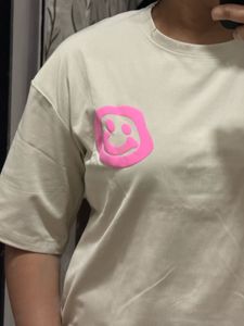 Cream T-Shirt with Pink Smiley Face