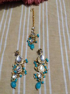 Stunning Blue &amp; White Earrings with mangtika