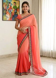Pink Coral Saree with Royal Blue & Gold Border