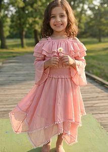 Kids Peach Off-Shoulder Dress with Bell Sleeves