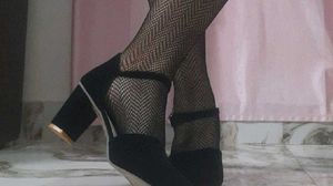 Black Block Heel Sandals with Fishnet Stockings