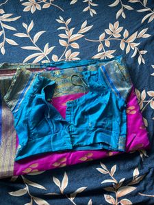 Vibrant Rani Pink Saree with sky blue blouse