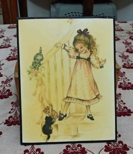 Retro Wood Wall Plaque - Little Girl with Kittens
