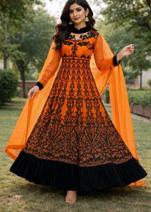 Elegant Orange & Black Embroidered Anarkali Set