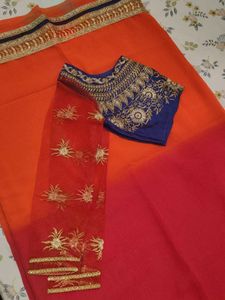 Ombre Orange &amp; Red Embroidered Saree