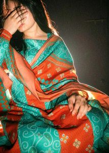 anarkali Style Teal &amp; Orange Maxi Gown lehariya