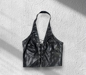Black Faux Leather Lace-Up Halter Top
