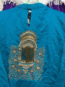 Teal Kurta with pant Embellished Neckline