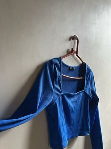 Ribbed Blue Square Neck Cropped Top