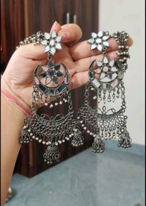 Oxidised Mirror & Pearl Jhumka Earrings