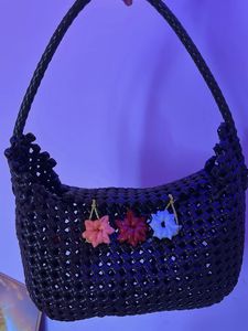 Unique Woven Hobo Bag with Floral Charms