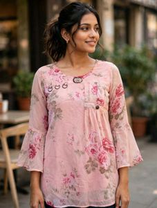 Pink Floral Flared Sleeve Kurta