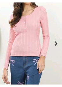 Pink Ribbed Button-Up Long Sleeve Top