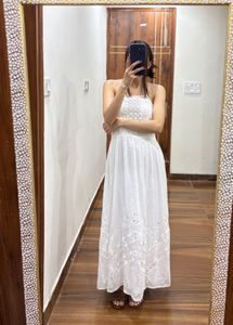 White Lace-detailing Strappy Cotton Maxi Dress