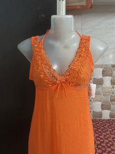Elegant Orange Lace Trim Nightgown