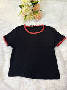 Black Ribbed T-Shirt with Contrast Trim