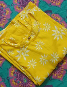 70)Yellow Floral Print Kurta
