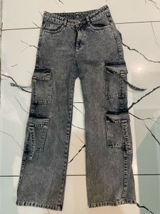 Women's Grey Acid Wash Cargo Jeans