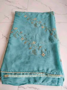 Beautiful Teal Saree with Gold Embroidery