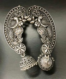 Oxidized Silver Ear Cuff Peacock Jhumka Earrings